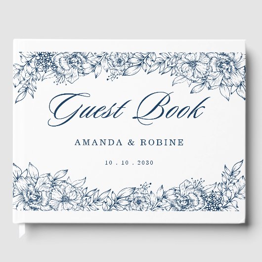 Blauw witte bloem Elegant Gastenboek (Voorkant)