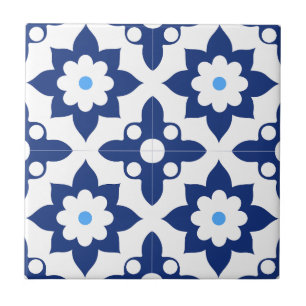 Blauw & Witte Bloem Geometrisch Tegeltje