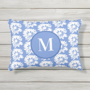 Blauw-witte bloem rechthoekig zomer monogram buitenkussen