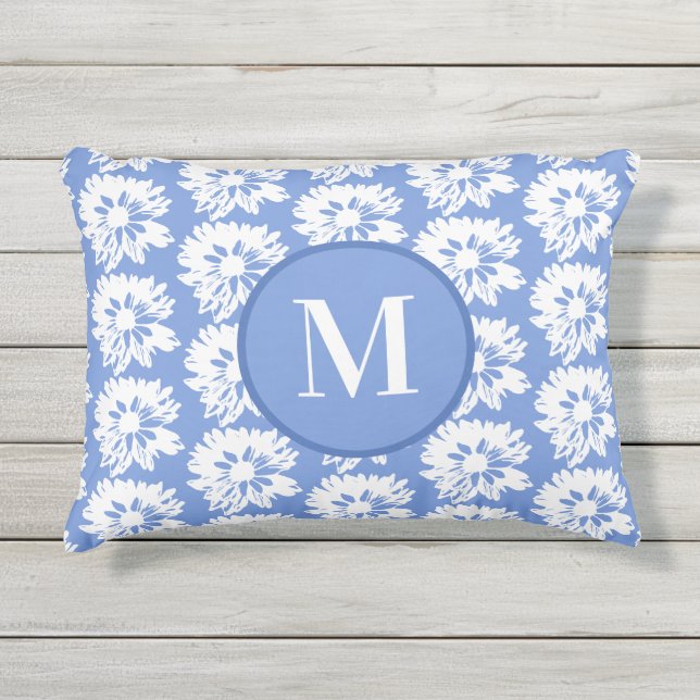 Blauw-witte bloem rechthoekig zomer monogram buitenkussen (Voorkant)