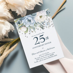 Blauw Witte Bloem Zilver Glitter 25ste Verjaardag Kaart