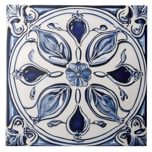 Blauw & Witte Bloemblaadjes Symmetrische Volkskuns Tegeltje (Voorkant)