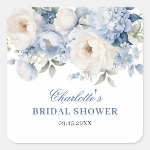 Blauw & Witte Bloemen Bruidsdouche Vierkante Sticker