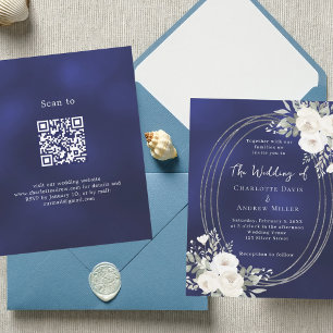 Blauw-witte bloemen bruiloft QR RSVP uitnodiging