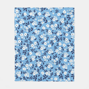 Blauw, witte bloemen:  fleece deken