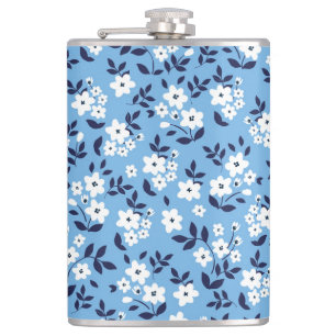 Blauw, witte bloemen: heupfles