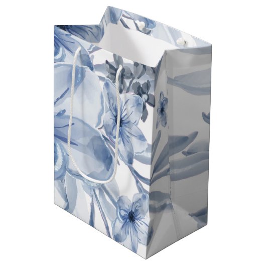 Blauw-witte bloemen medium cadeauzakje (Voorkant Gekanteld)
