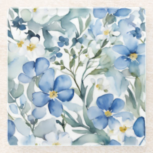Blauw Witte Bloemen Waterverf Chic Glazen Onderzetter