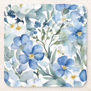 Blauw Witte Bloemen Waterverf Chic Vierkante Kartonnen Onderzetter