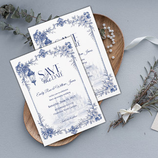 Blauw Witte Bloemenschilderkunst Tuin Bruiloft Save The Date