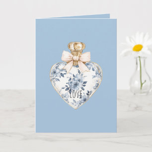 Blauw Witte Bloemhartparfumfles Liefde Kaart
