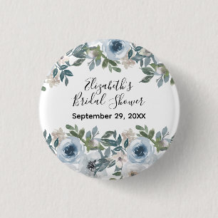 Blauw Witte Bloemige Aquarel Bruiloftsdouche Ronde Button 3,2 Cm