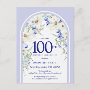 Blauw Witte Bloemige Boho Boog 100ste Verjaardagsf Briefkaart
