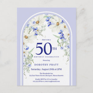 Blauw Witte Bloemige Boho Boog 50e Verjaardagsfees Briefkaart