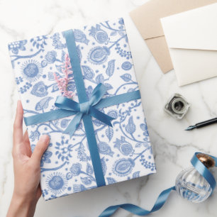 Blauw Witte Bloemige Botanische Boho Patroon Whims Cadeaupapier