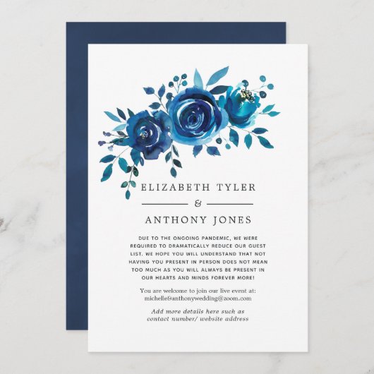 Blauw-witte bloemige verkleinde huwelijksgastenlij aankondiging (Voorkant / Achterkant)