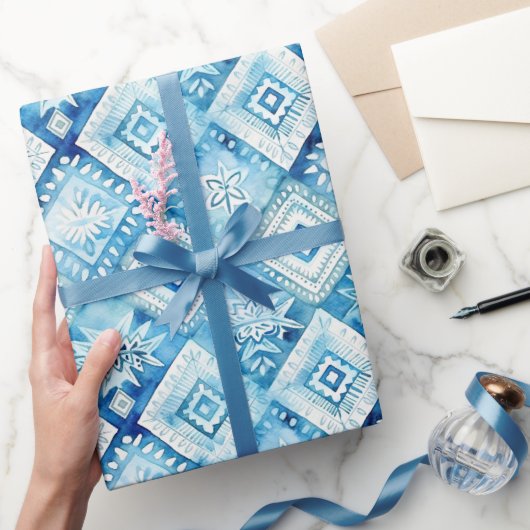 Blauw Witte Bloemige Vierkante Bruiloftsdouche Cadeaupapier (Geschenken)