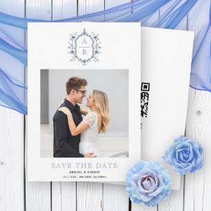 Blauw-witte bloemkam monogram foto save the date