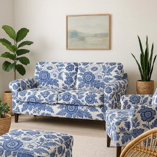 Blauw Witte Bloemmotieven Victoriaanse Vintage Tui Stof