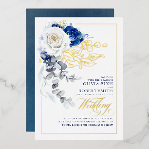 Blauw & Witte Bloemrijke Boho Elegante Trouwdag Folie Uitnodiging