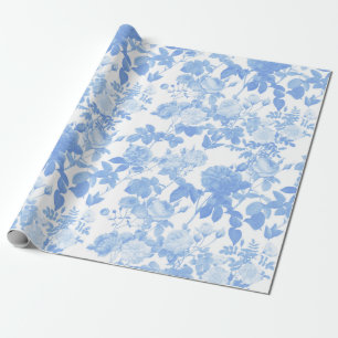 Blauw Witte Bloemrozen Franse Chinoiserie Patroon Cadeaupapier