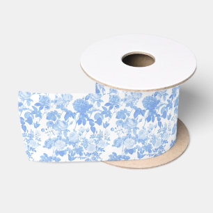 Blauw Witte Bloemrozen Franse Chinoiserie Patroon Lint
