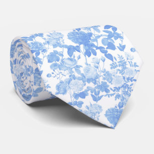 Blauw Witte Bloemrozen Franse Chinoiserie Patroon Stropdas
