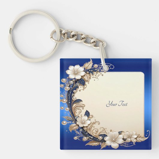 Blauw Witte Bloemversiering Sleutelhanger (Voorkant)