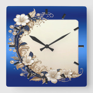 Blauw Witte Bloemversiering Wandklok Vierkante Klok