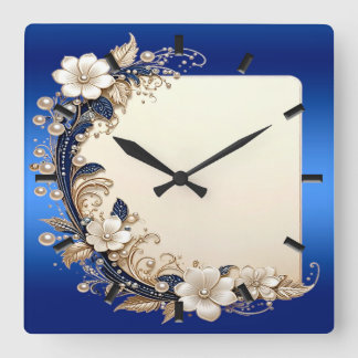 Blauw Witte Bloemversiering Wandklok Vierkante Klok