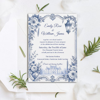 Blauw Witte Chinoiserie Bloem Estate Bruiloft Kaart