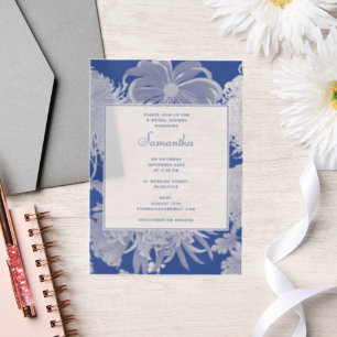 Blauw Witte Chinoiserie Bloemachtige Bruiloft Fees Vellum Uitnodigingen