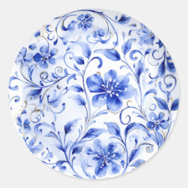 Blauw-witte Chinoiserie Floral Ronde Sticker