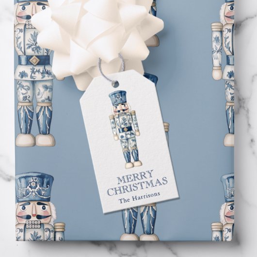 Blauw-witte Chinoiserie Kerst Notenkraker Cadeaulabel
