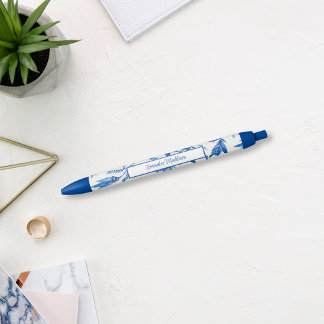 Blauw-witte Chinoiserie Monogram Bloemenwijnstok Blauwe Inkt Pen
