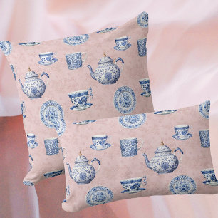 Blauw Witte Chinoiserie Potten Vervagende Roze Vin Kussen