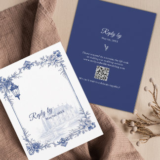 Blauw Witte Chinoiserie Tuin Bruiloft QR Code RSVP Kaartje