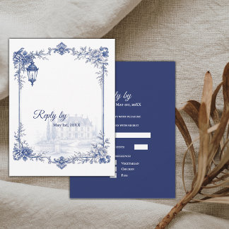 Blauw Witte Chinoiserie Tuinbruiloft RSVP Kaartje