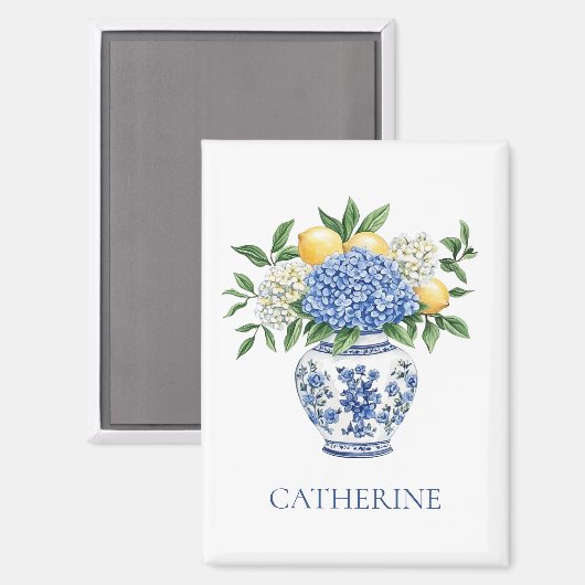 Blauw-witte Chinoiserie vaas met hortensia's Magneet (Voorkant / Achterkant)