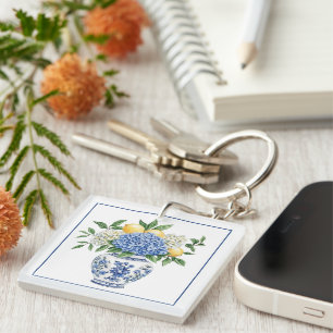 Blauw-witte Chinoiserie vaas met hortensia's Sleutelhanger