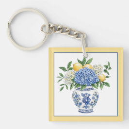 Blauw-witte Chinoiserie vaas met hortensia's Sleutelhanger