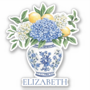 Blauw-witte Chinoiserie vaas met hortensia's Sticker