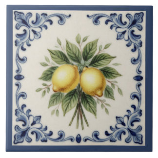 Blauw-witte citroen Italiaanse majolica vintage Tegeltje