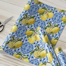 Blauw Witte Citroen Tegel Mediterraan Patroon Cadeaupapier