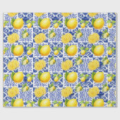 Blauw Witte Citroen Tegelpatroon Mediterraan Citru Cadeaupapier (Vlak)