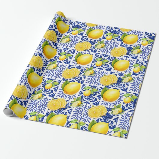 Blauw Witte Citroen Tegelpatroon Mediterraan Citru Cadeaupapier (Uitgerold)