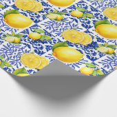 Blauw Witte Citroen Tegelpatroon Mediterraan Citru Cadeaupapier (Hoek)