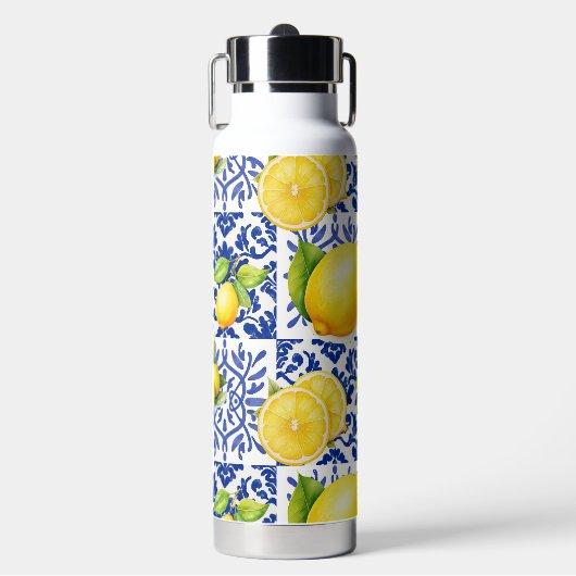 Blauw Witte Citroen Tegelpatroon Mediterraan Citru Waterfles (Voorkant)