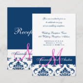 Blauw Witte Damast Trouwreceptie Uitnodiging (Voorkant / Achterkant)