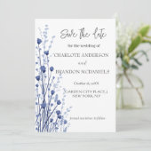 Blauw Witte Delicate Wilde Bloemen Save The Date  (Staand voorkant)